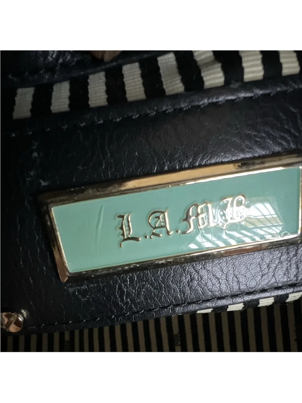 L.A.M.B. Brown Black Logo Stripe Satchel Top Handle Zip Buckle Gold Charm